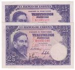 Estado Español, Banco de España
25 Pesetas. 22 julio 1954. Serie B. Lote de 2 billetes. ED.467a. EBC+ a EBC.