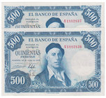 Estado Español, Banco de España
500 Pesetas. 22 julio 1954. Serie U. Pareja correlativa. ED.468b. Lavados y planchados. (EBC-).