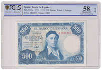 Estado Español, Banco de España
500 Pesetas. 22 julio 1954. Serie G. ED.468b. Certificado por la PCGS como Choice AU 58 OPQ. EBC+.