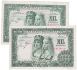 Estado Español, Banco de España
1000 Pesetas. 29 noviembre 1957. Serie 1Q. Lote de 2 billetes. ED.469b. MBC+.