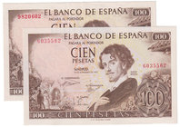 Estado Español, Banco de España
100 Pesetas. 19 noviembre 1965. Sin serie. Lote de 2 billetes. ED.470. EBC.
