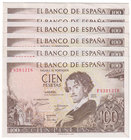 Estado Español, Banco de España
100 Pesetas. 19 noviembre 1965. Lote de 7 billetes. Serie F, M, W (4) y 1F. ED.470a. SC a MBC+.