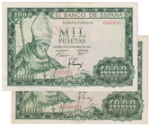 Estado Español, Banco de España
1000 Pesetas. 19 noviembre 1965. Lote de 2 billetes. Sin serie y A (tiene marca de grapa). ED.471/a. MBC-.