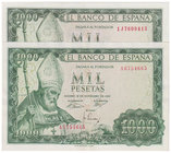Estado Español, Banco de España
1000 Pesetas. 19 noviembre 1965. Lote de 2 billetes. Serie A 1J. ED.471a/b. Planchados. (EBC).