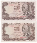 Estado Español, Banco de España
100 Pesetas. 17 noviembre 1970. Sin serie. Lote de 2 billetes. ED.472. MBC+.