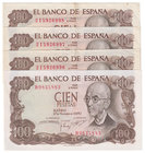 Estado Español, Banco de España
100 Pesetas. 17 noviembre 1970. Lote de 4 billetes. Serie B y 2I. ED.472b. SC- a EBC-.