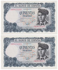 Estado Español, Banco de España
500 Pesetas. 23 julio 1971. Serie 1Q. Pareja correlativa. ED.473a. SC.