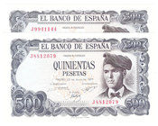 Estado Español, Banco de España
500 Pesetas. 23 julio 1971. Serie J. Lote de 2 billetes. ED.473a. Uno con ligera mancha del tiempo. SC a SC-.