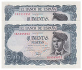 Estado Español, Banco de España
500 Pesetas. 23 julio 1971. Serie 1K. Lote de 2 billetes. ED.473a. Ligeras arrugas y uno con manchita en margen. SC-....