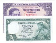 Estado Español, Banco de España
Lote de 2 billetes. 5 y 25 Pesetas 1954. Ambos con numeración capicúa. Curioso. EBC+.