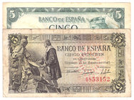 Estado Español, Banco de España
5 Pesetas. Lote de 2 billetes. 1945 y 1954. Sin serie. BC.
