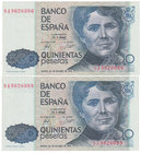 Juan Carlos I, Banco de España
500 Pesetas. 23 octubre 1979. Serie 9A. Pareja correlativa de pares. ED.476. EBC+.
