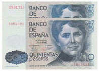 Juan Carlos I, Banco de España
500 Pesetas. 23 octubre 1979. Sin serie. Lote de 2 billetes. ED.476. EBC+.