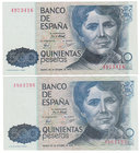 Juan Carlos I, Banco de España
500 Pesetas. 23 octubre 1979. Sin serie. Lote de 2 billetes. ED.476. EBC.