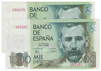 Juan Carlos I, Banco de España
1000 Pesetas. 23 octubre 1979. Sin serie. Lote de 2 billetes. ED.477. uno de ellos ligeramente recortado. EBC+.