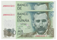 Juan Carlos I, Banco de España
1000 Pesetas. 23 octubre 1979. Serie J-C. Pareja correlativa. ED.477a. SC.