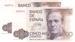 Juan Carlos I, Banco de España
5000 Pesetas. 23 octubre 1979. Sin serie. Pareja correlativa. ED.478. SC.