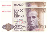 Juan Carlos I, Banco de España
5000 Pesetas. 23 octubre 1979. Serie 6D. Pareja correlativa. ED.478a. SC.