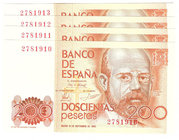 Juan Carlos I, Banco de España
200 Pesetas. 16 septiembre 1980. Sin serie. Lote de 4 billetes correlativos. ED.480. SC.