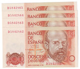 Juan Carlos I, Banco de España
200 Pesetas. 16 septiembre 1980. Serie D. Lote de 4 billetes correlativos. ED.480. SC.