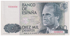 Juan Carlos I, Banco de España
10000 Pesetas. 24 septiembre 1985. Sin serie. ED.481. Marcas en margen izquierdo. EBC+.