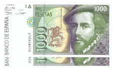 Juan Carlos I, Banco de España
1000 Pesetas. 12 octubre 1992. Serie 2I. Pareja correlativa. ED.483b (tipo II). SC.