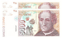 Juan Carlos I, Banco de España
5000 Pesetas. 12 octubre 1992. Sin serie. Pareja correlativa. ED.484. SC.