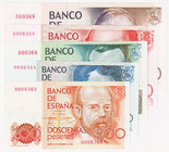 Juan Carlos I, Banco de España
Serie de 5 valores. 200, 500, 1000, 2000 y 5000 Pesetas. 1979-80. Todos los ejemplares con la misma numeración 000368....