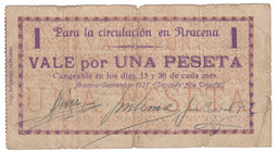 Billetes locales
Aracena, Ay. 1 Peseta. Septiembre 1937. Con numeración y tampón en reverso. Billetes Municipales 172a. Escaso. BC.