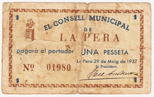 Billetes locales
La Pera, C.M. 1 Peseta. 1937. Algo sucia. BC-.