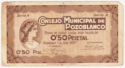 Billetes locales
Pozoblanco, C.M. 0,50 Pesetas. 1937. Pico cortado y resto de celo. BC.