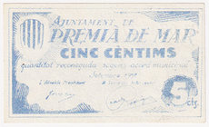 Billetes locales
Premià de Mar, Ay. 5 Céntimos. 1937. EBC+.