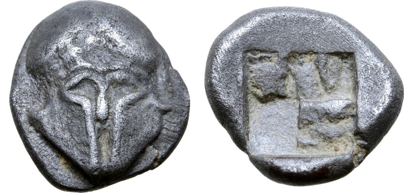 Thrace, Mesembria AR Obol. Circa 475-450 BC. Crested Corinthian helmet facing / ...