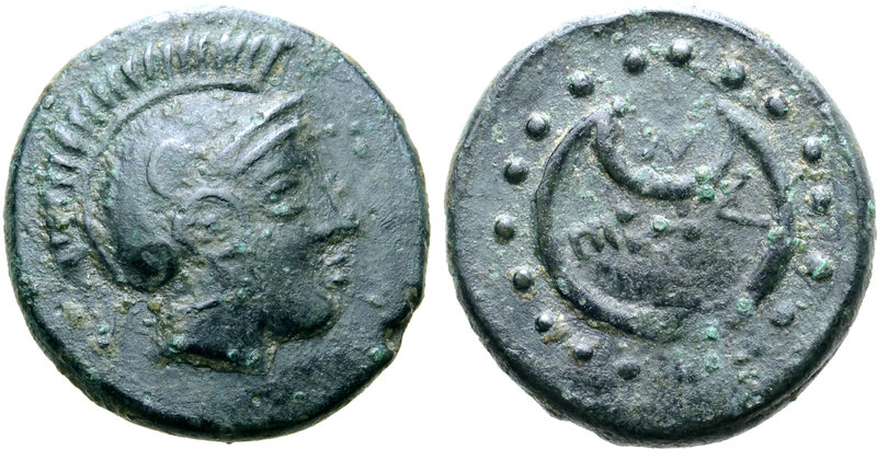 Thrace, Mesembria Æ14. Circa 250-175 BC. Helmeted head of Athena right / Pelte s...