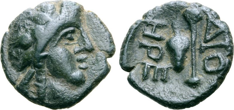Moesia, Dionysopolis Æ13. 3rd century BC. Head of Dionysos right, wearing ivy wr...