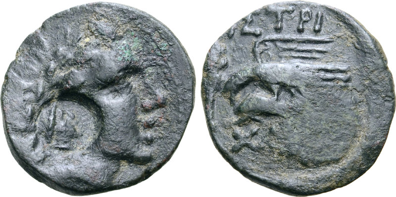 Moesia, Istros Æ19. Circa 125-100 BC. Laureate head of Apollo right; countermark...