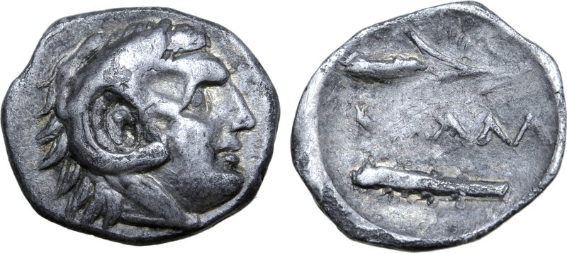 Moesia, Kallatis AR Obol. 3rd century BC. Head of Herakles right, wearing lion s...