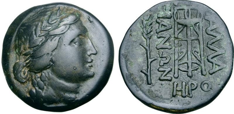 Moesia, Kallatis Æ24. 3rd - 2nd centuries BC. Laureate head of Apollo right / Tr...