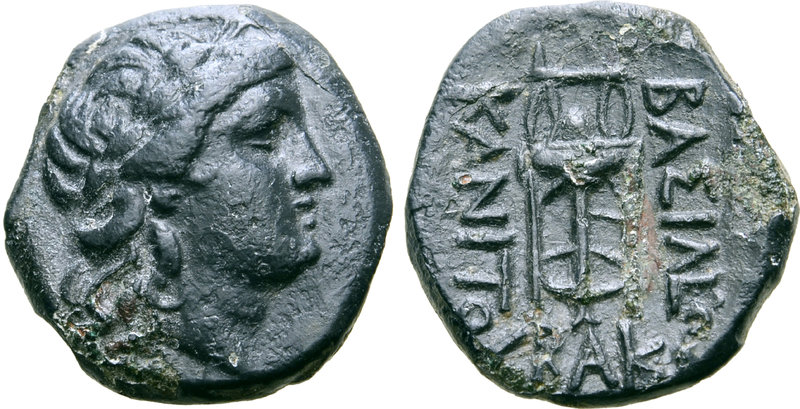 Kings of Skythia, Kanites Æ19. Circa 210-195 BC. Laureate head of Apollo right /...