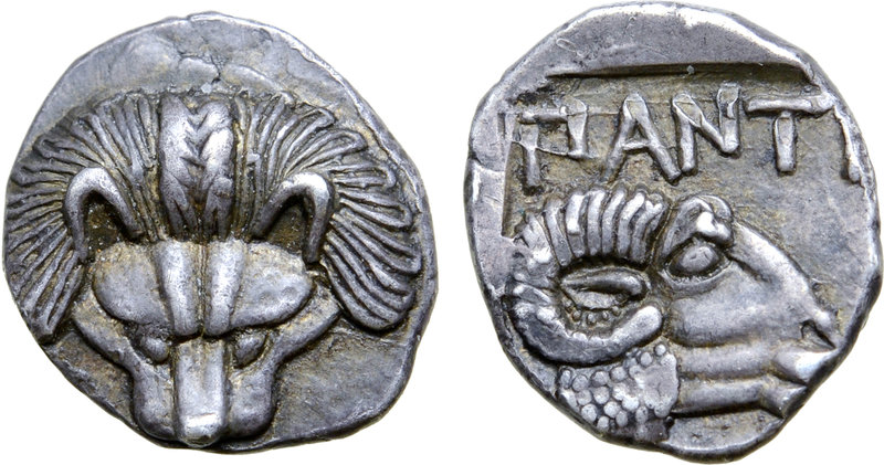 Cimmerian Bosporos, Pantikapaion AR Diobol. Circa 390-380 BC. Lion head facing /...