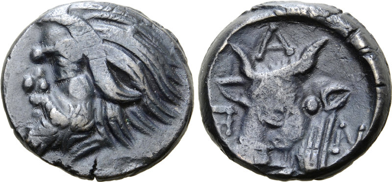 Cimmerian Bosporos, Pantikapaion Æ18. Circa 325-310 BC. Head of bearded satyr le...