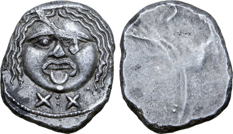 Etruria, Populonia AR 20 Asses. Circa 300-250 BC. Facing head of Metus, hair bou...