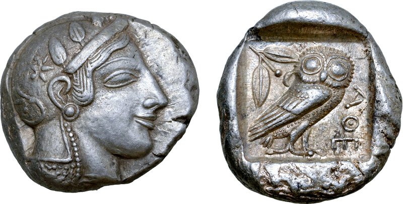 Attica, Athens AR Tetradrachm. Circa 475-465 BC. Head of Athena right, wearing c...