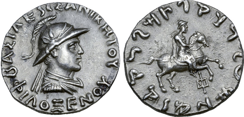 Indo-Greek Kingdom, Philoxenos Aniketos AR Tetradrachm. Circa 125-110 BC. BAΣIΛE...