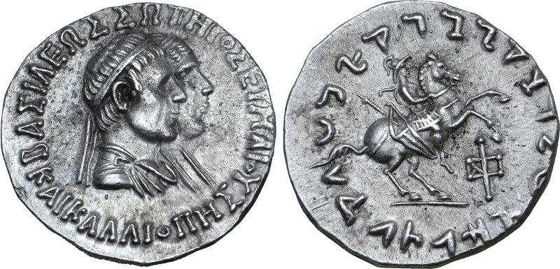 Indo-Greek Kingdom, Hermaios Soter, with Kalliope, AR Tetradrachm. Circa 90-79 B...