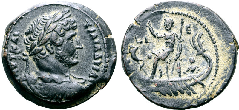 Hadrian Æ Diobol of Alexandria, Egypt. Dated RY 15 = AD 130/1. ΑΥΤ ΚΑΙ ΤΡΑΙ ΑΔΡΙ...