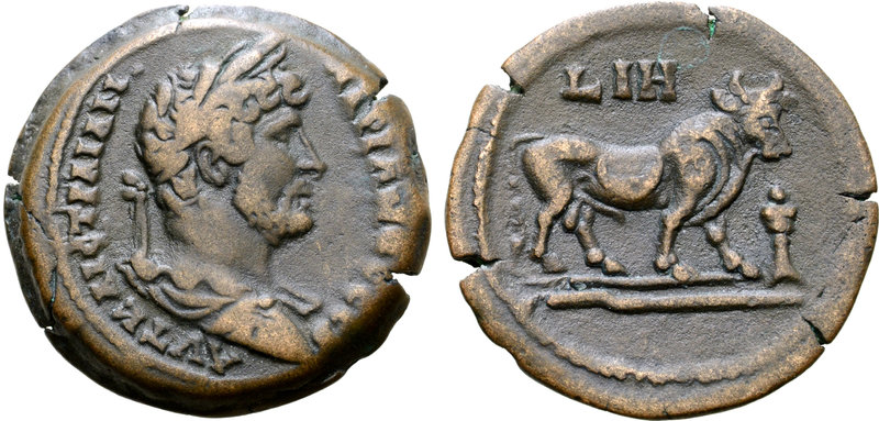 Hadrian Æ Diobol of Alexandria, Egypt. Dated RY 18 = AD 133/4. ΑΥΤ ΚΑΙС ΤΡΑΙΑΝ Α...