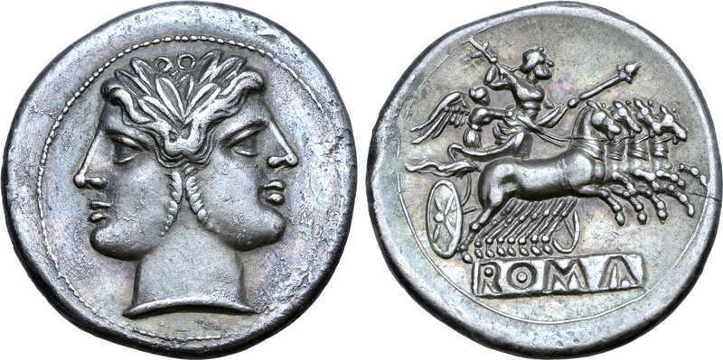Anonymous AR Didrachm (Quadrigatus). Uncertain mint, 225-214 BC. Laureate janifo...