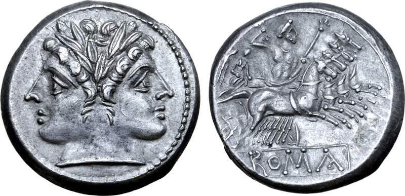 Anonymous AR Didrachm (Quadrigatus). Rome, circa 225-214 BC. Laureate janiform h...