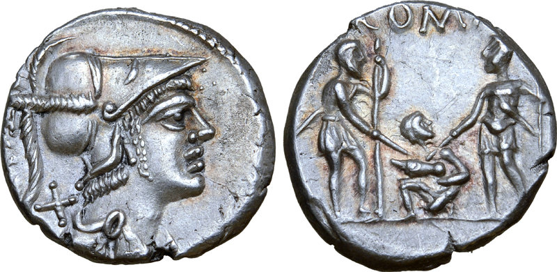Ti. Veturius AR Denarius. Rome, 137 BC. Helmeted and draped bust of Mars right; ...